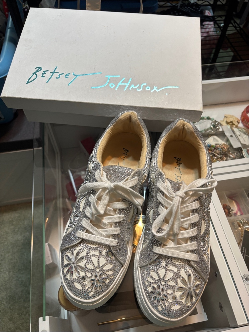 Betsey Johnson Silver Floral Crystal Lace-Up Sneakers